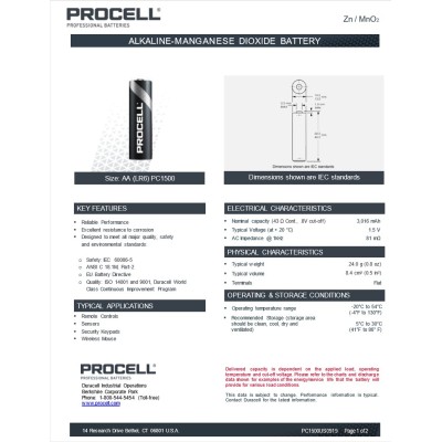 Duracell baterie Procell AA LR6 1,5V/3016mAh Alkaline 10 ks/bal