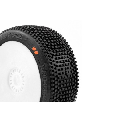 HOT DICES V2 BUGGY S3 (MEDIUM) nalepené pneumatiky, bílé disky, 2 ks.