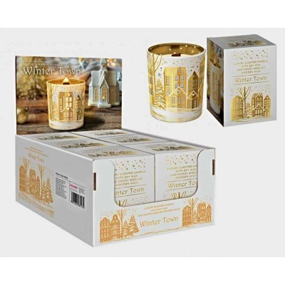 Svíčky vánoční sojové ve skle 200g, dřev.knot, zimní město
