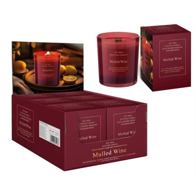 Svíčky vánoční sojové ve skle 240g, dřev.knot, svařené víno