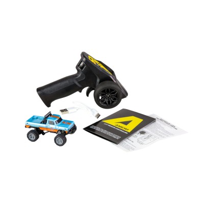 RC Monster Truck kovový 1:64 RTR LED Tempomat 2,4GHz modro oranžový