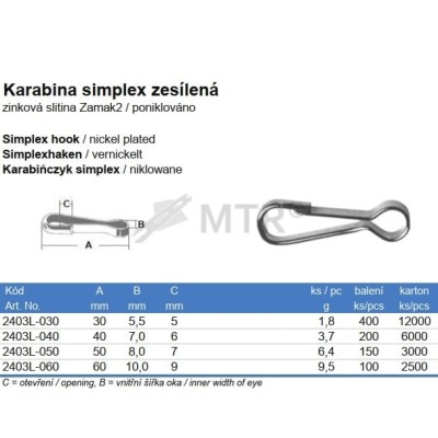 Karabina obyčejná 60mm simplex Ni š.6,5mm zesílená