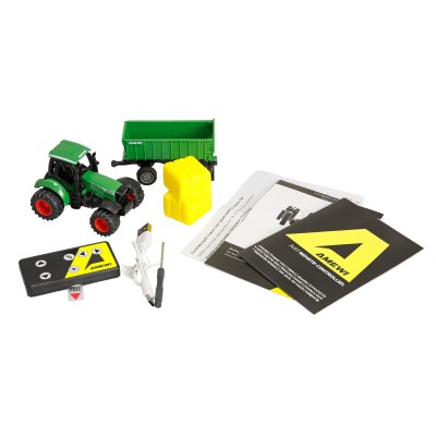 Kovový RC traktor s přívěsem 1:64 RTR zelený, 3 rychlostní stupně, LED světla