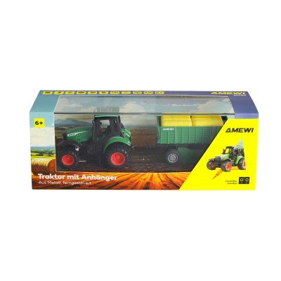 Kovový RC traktor s přívěsem 1:64 RTR zelený, 3 rychlostní stupně, LED světla