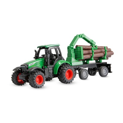 Kovový RC traktor s přívěsem na dřevo a nakládacím jeřábem 1:64 RTR zelený, 3 rychlostní stupně, LED světla