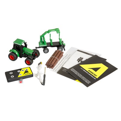 Kovový RC traktor s přívěsem na dřevo a nakládacím jeřábem 1:64 RTR zelený, 3 rychlostní stupně, LED světla