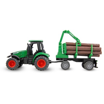 Kovový RC traktor s přívěsem na dřevo a nakládacím jeřábem 1:64 RTR zelený, 3 rychlostní stupně, LED světla