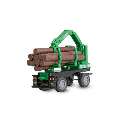 Kovový RC traktor s přívěsem na dřevo a nakládacím jeřábem 1:64 RTR zelený, 3 rychlostní stupně, LED světla