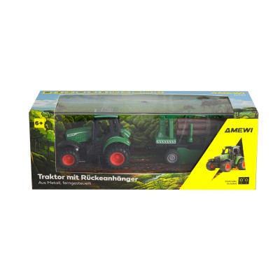 Kovový RC traktor s přívěsem na dřevo a nakládacím jeřábem 1:64 RTR zelený, 3 rychlostní stupně, LED světla