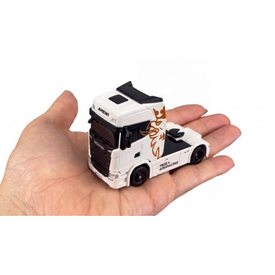 RC licencovaná Scania 730 S s návěsem, GYRO, driftovací, proporcionální pohon 4x4, 1:64 RTR, bílá