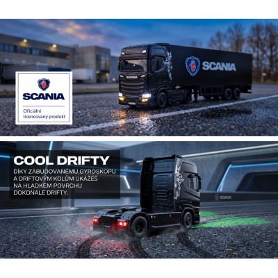 RC licencovaná Scania 730 S s návěsem, GYRO, driftovací, proporcionální pohon 4x4, 1:64 RTR, bílá