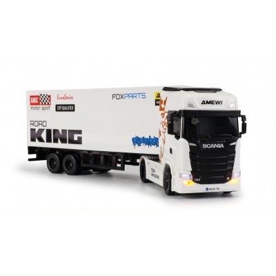 RC licencovaná Scania 730 S s návěsem, GYRO, driftovací, proporcionální pohon 4x4, 1:64 RTR, bílá