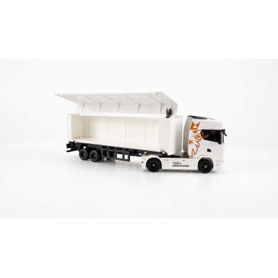 RC licencovaná Scania 730 S s návěsem, GYRO, driftovací, proporcionální pohon 4x4, 1:64 RTR, bílá