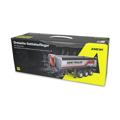 Sklápěcí návěs, třínápravový, pro modely Scania v měřítku 1:18 s LED osvětlením stříbrný.