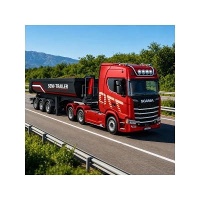 Sklápěcí návěs, třínápravový, pro modely Scania v měřítku 1:18 s LED osvětlením stříbrný.