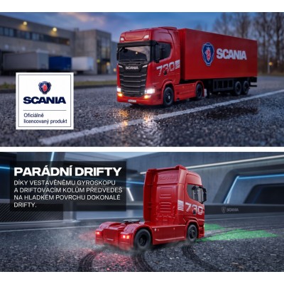 RC licencovaná Scania 730 S s návěsem, GYRO, driftovací, proporcionální pohon 4x4, 1:64 RTR, červená