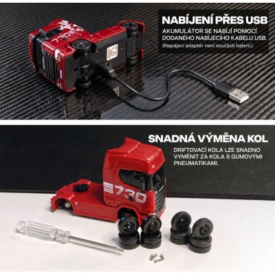 RC licencovaná Scania 730 S s návěsem, GYRO, driftovací, proporcionální pohon 4x4, 1:64 RTR, červená