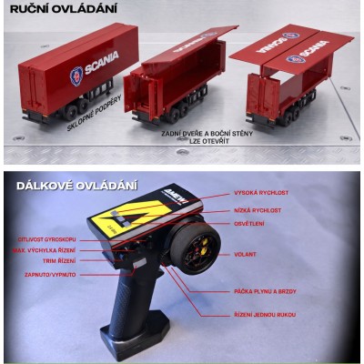 RC licencovaná Scania 730 S s návěsem, GYRO, driftovací, proporcionální pohon 4x4, 1:64 RTR, červená