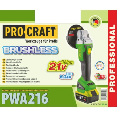 Aku bruska úhl.125mm PROCRAFT 2ks aku 21V/4,0Ah PWA216
