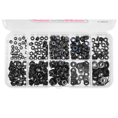 Matky - Stop matky - Podložky sada/box - M2 - M2.5 - M3 - M4 - ocelové černé, 320 ks.